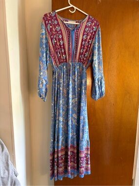 Seven Islands Blue Floral Boho Maxi Dress Long Sleeve Tie V-Neck Size M